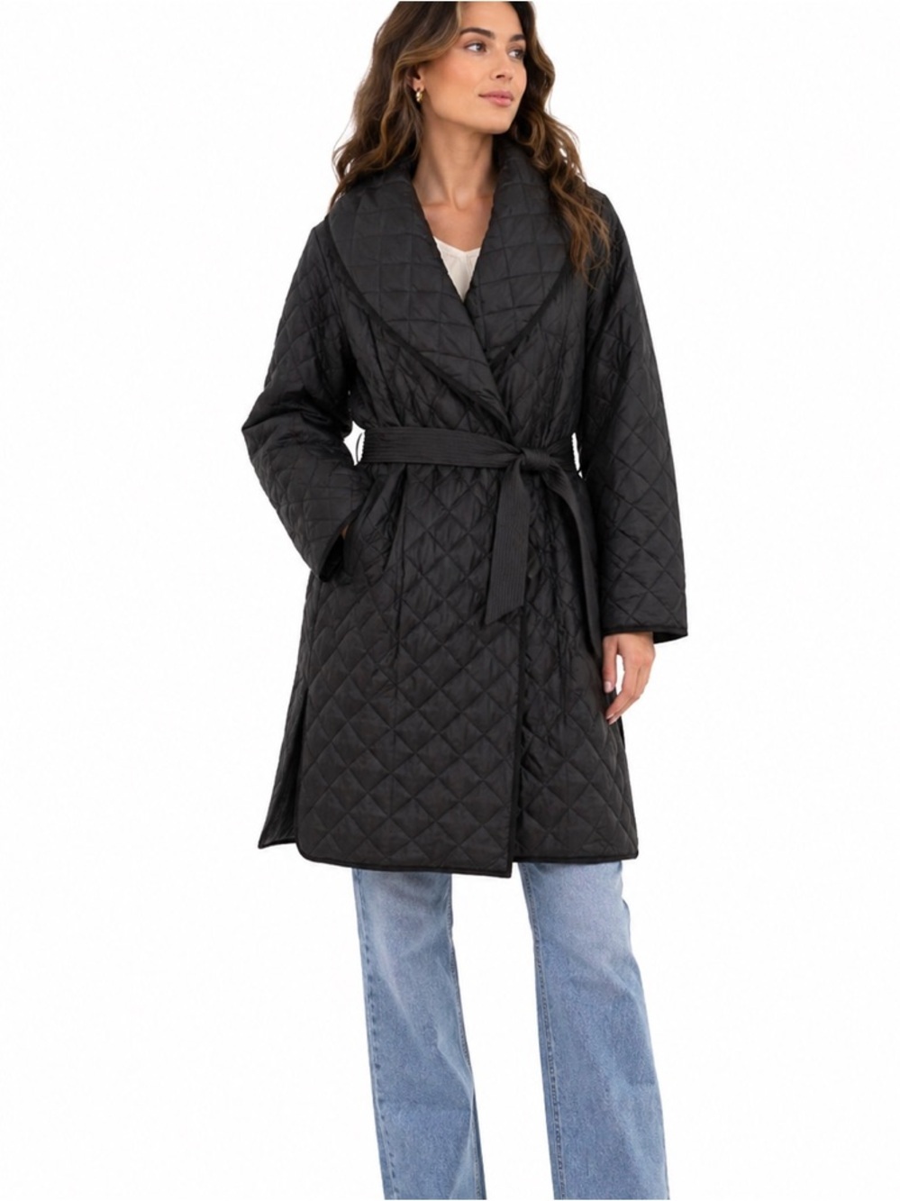 E by Etcetera Black Quilted Long Coat Shawl Collar Size L
